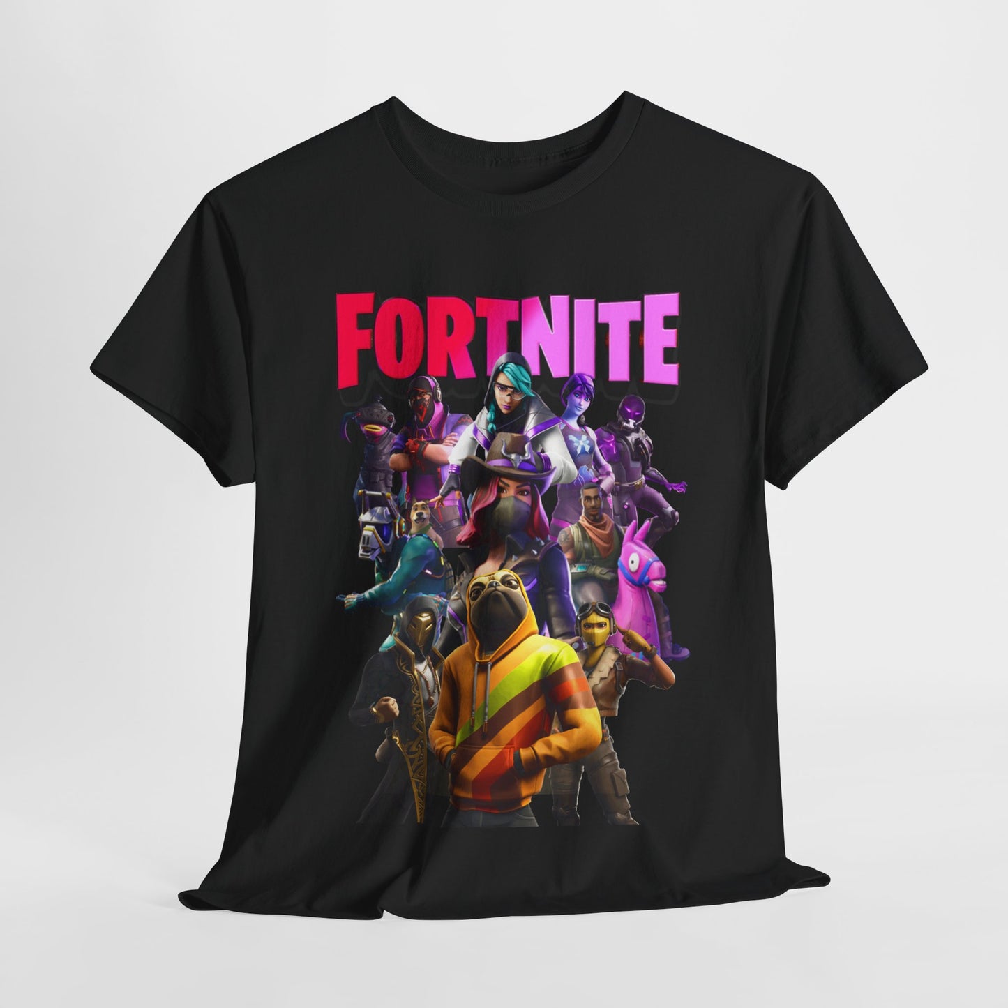 Luxury black Fortnite-themed T-shirt featuring vibrant characters and bold lettering, perfect for stylish gamers.