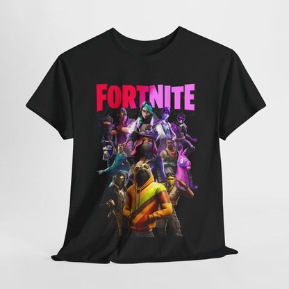 Luxury black Fortnite-themed T-shirt featuring vibrant characters and bold lettering, perfect for stylish gamers.