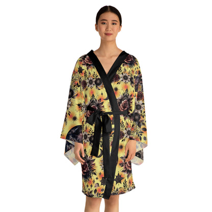 Elegant floral kimono robe for women, showcasing a stunning floral print on a luxurious background. Ideal designer loungewear and boho chic bathrobe for relaxed evenings.