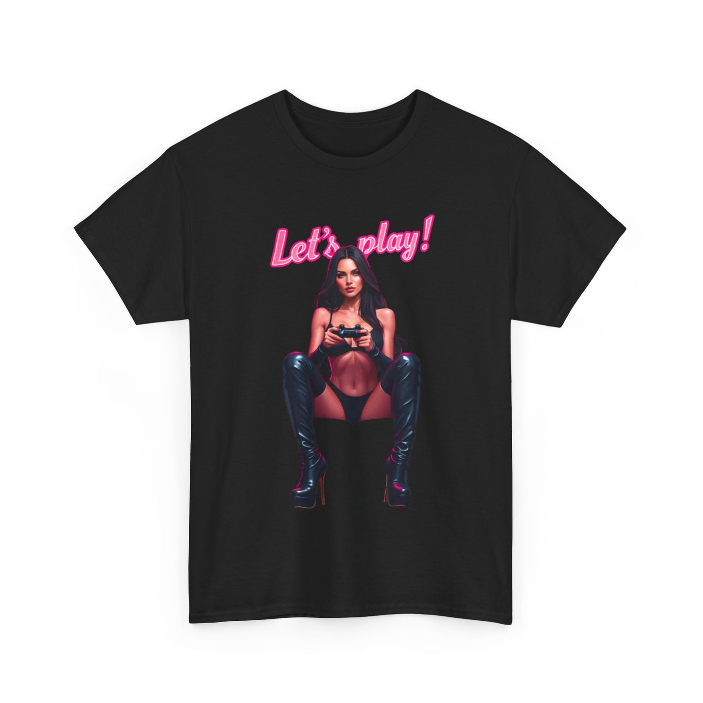 Stylish unisex black t-shirt showcasing a glamorous portrayal of a female gamer, elegantly posed with a gaming controller, adorned with eye-catching pink text 'Let's play!' Ideal for fashion-forward gamers.