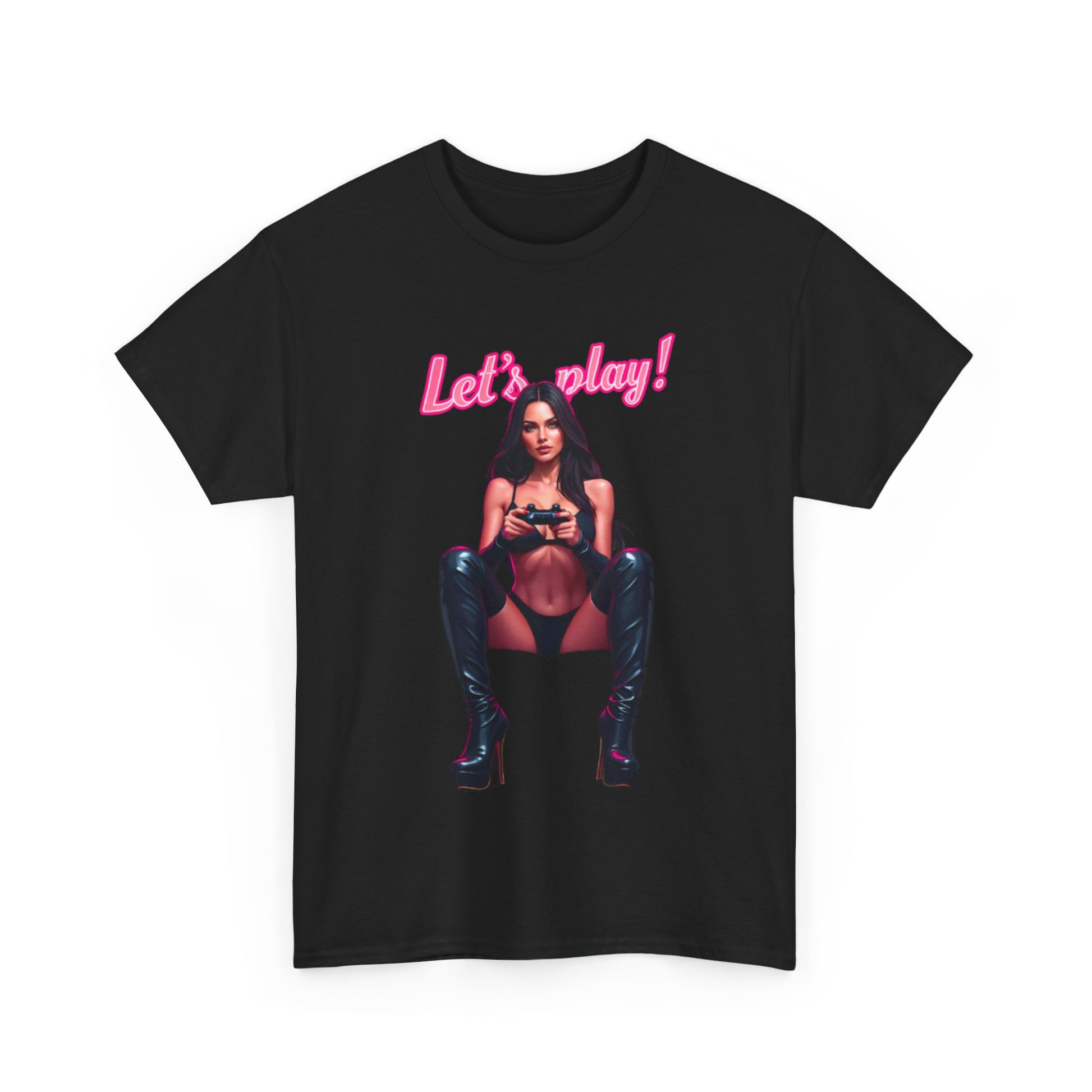 Stylish unisex black t-shirt showcasing a glamorous portrayal of a female gamer, elegantly posed with a gaming controller, adorned with eye-catching pink text 'Let's play!' Ideal for fashion-forward gamers.