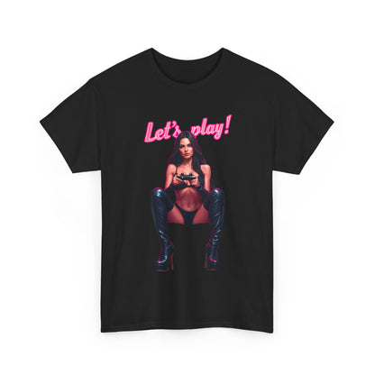 Stylish unisex black t-shirt showcasing a glamorous portrayal of a female gamer, elegantly posed with a gaming controller, adorned with eye-catching pink text 'Let's play!' Ideal for fashion-forward gamers.