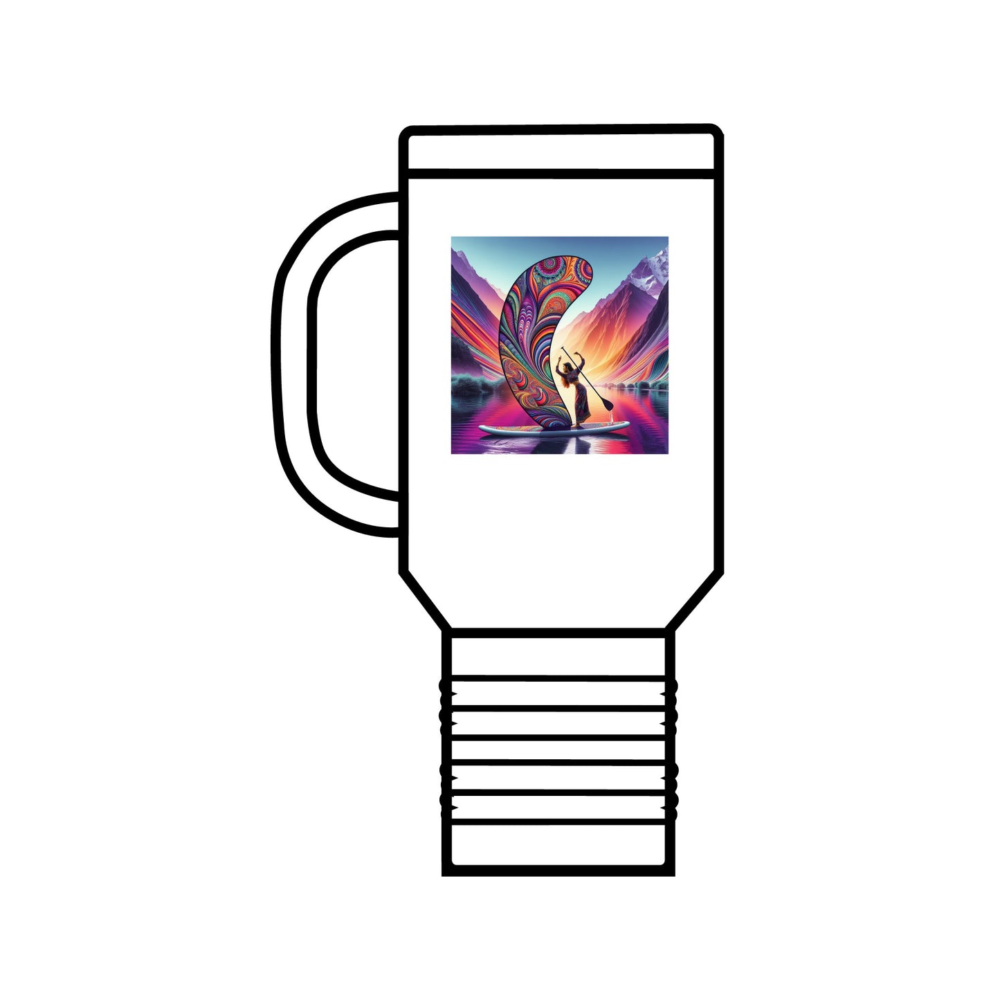 Elegant Fantasy Paddleboarding 40oz Insulated Travel Mug showcasing a whimsical paddleboarder illustration in a luxurious style.