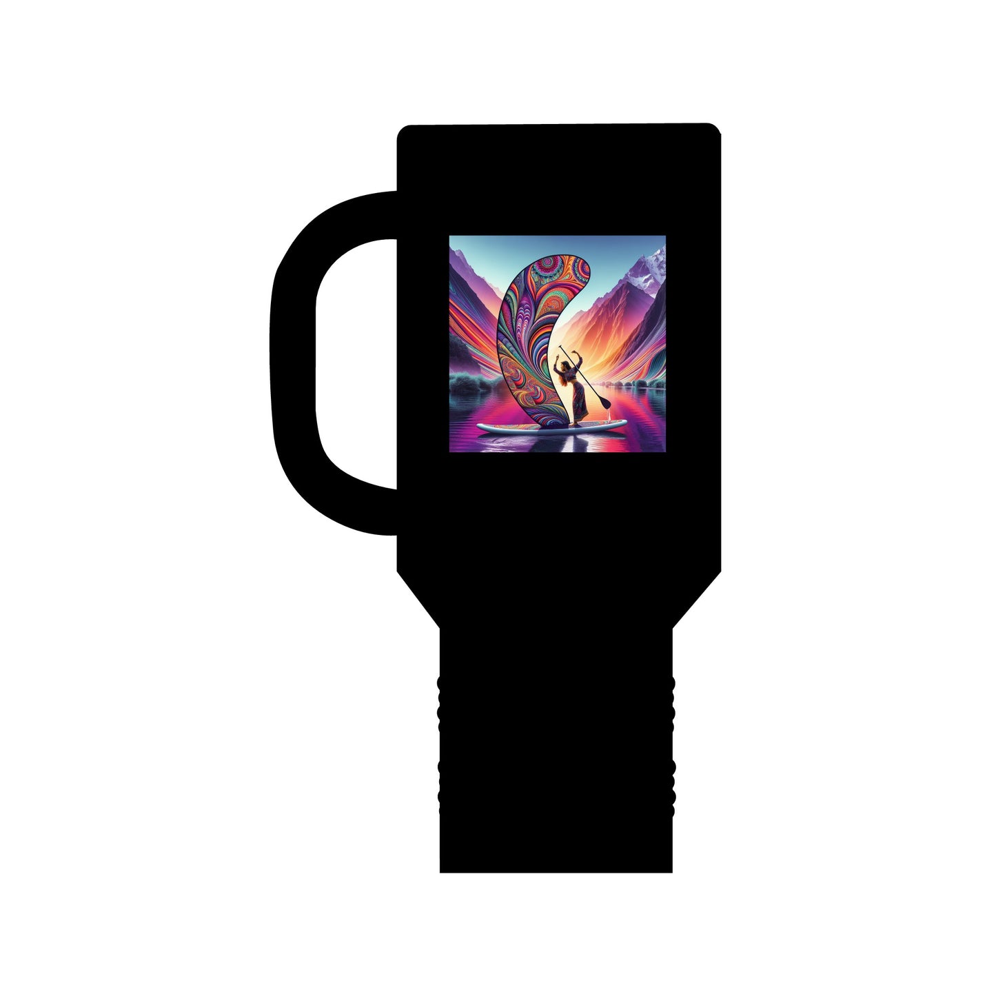 Fantasy Paddleboarding 40oz Insulated Travel Mug featuring a vibrant paddleboard design against a picturesque backdrop, perfect for luxury outdoor adventures.