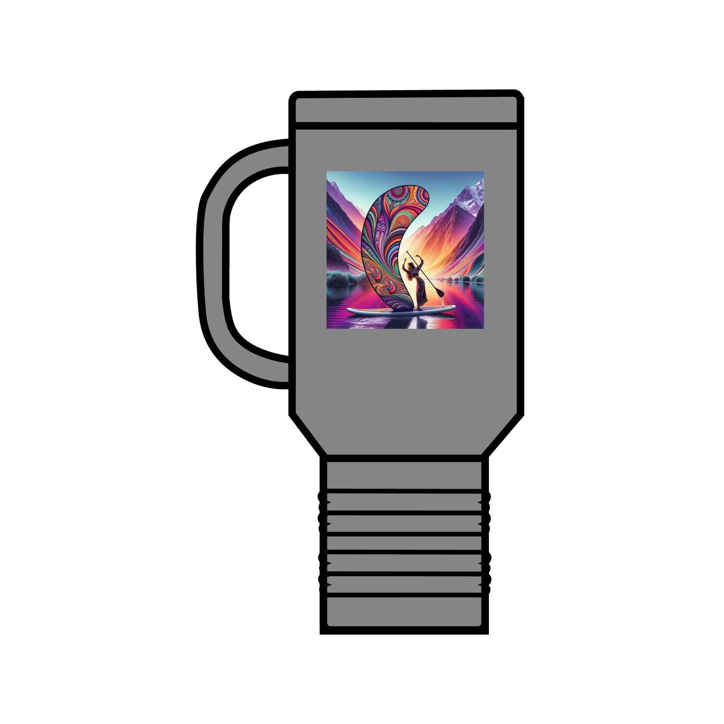 Chic Fantasy Paddleboarding 40oz Insulated Travel Mug with a stunning visual of a paddleboarding scene, crafted for stylish hydration.