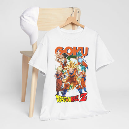 Stylish GOKU Power Surge T-Shirt displayed alongside a chic cap, featuring bold Dragon Ball Z artwork, ideal for fashionable casual wear.