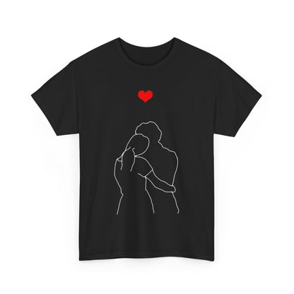 Valentines Day Lovers Gift Mens Womens Graphic T-Shirt showcasing a minimalist design of two figures embracing, accentuated by a vibrant red heart, perfect for expressing love and affection.