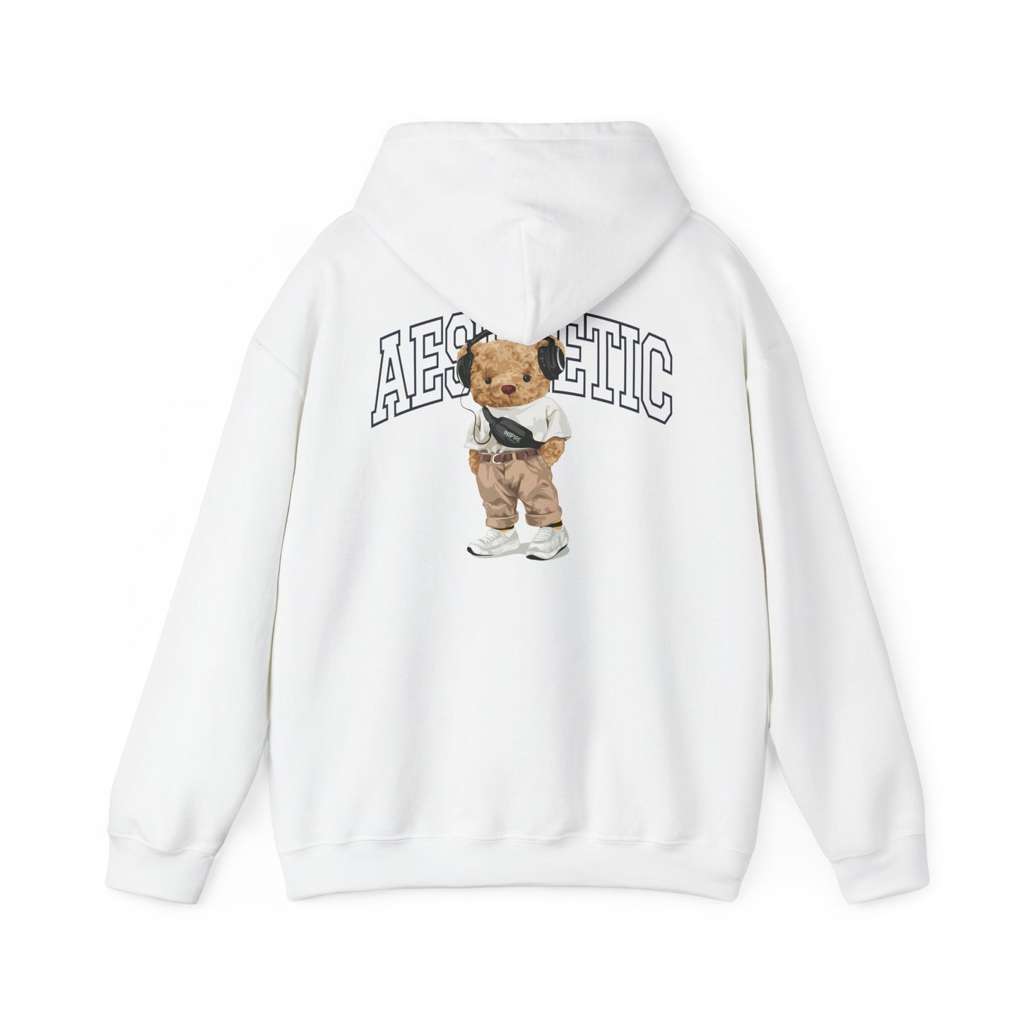 Stylish back view of a trendy hoodie featuring a cartoon teddy bear design, showcasing the word 'AESTHETIC' in bold lettering. Perfect for casual wear with a playful touch.