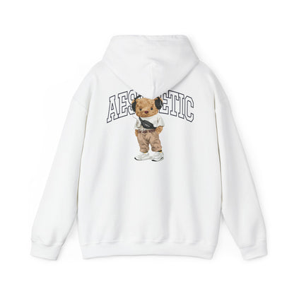 Stylish back view of a trendy hoodie featuring a cartoon teddy bear design, showcasing the word 'AESTHETIC' in bold lettering. Perfect for casual wear with a playful touch.