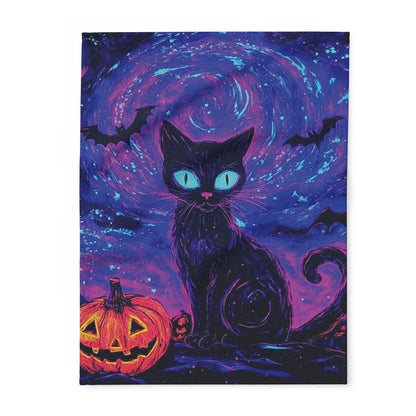 Luxurious Decorative and Warm Halloween Spooky Arctic Fleece Blanket featuring a whimsical black cat and a glowing jack-o'-lantern, set against a vibrant cosmic background, ideal for adding seasonal elegance to your home.