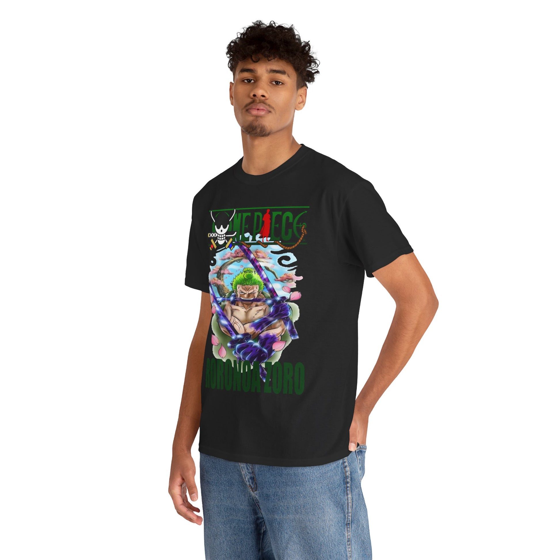 Luxurious black Roronoa Zoro graphic T-shirt featuring intricate design with two katanas and floral motifs, perfect for anime enthusiasts.