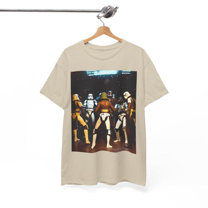 Sleek beige t-shirt elegantly hanging, showcasing an artistic print of Stormtrooper characters in a dynamic setting from the Star Wars saga.