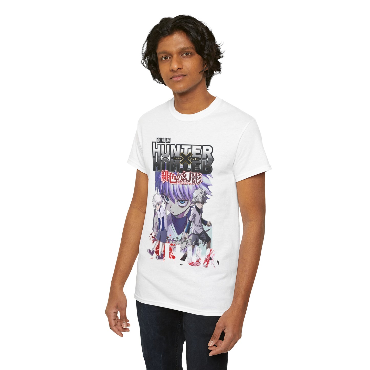 Sophisticated shot of a male model in a Hunter x Hunter graphic t-shirt, highlighting its exquisite design and fit, ideal for both casual outings and anime conventions.