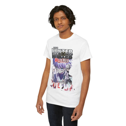 Sophisticated shot of a male model in a Hunter x Hunter graphic t-shirt, highlighting its exquisite design and fit, ideal for both casual outings and anime conventions.