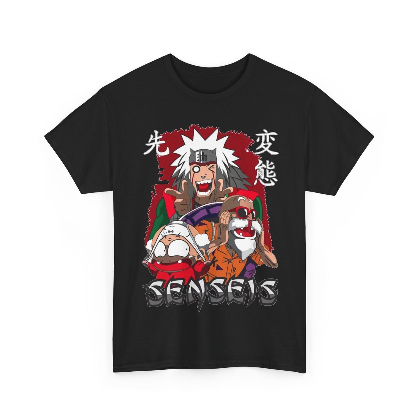 Close-up of Sensei Graphic Tee showcasing vibrant anime characters, ideal for casual and stylish outfits.