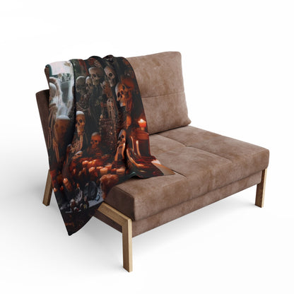Decorative and Warm Halloween Spooky Arctic Fleece Blanket draped elegantly on a stylish sofa, enhancing the luxurious Halloween decor of any living space.