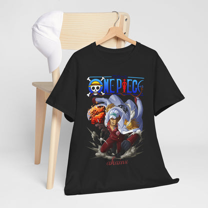 Chic One Piece Akainu t-shirt artistically arranged on a wooden chair, accentuated by a stylish cap, embodying luxury streetwear.