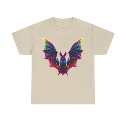 Radiant Evolution Bat Tee - A chic beige cotton t-shirt with a stunning multicoloured bat design, perfect for fashion-forward individuals looking to express their individuality.