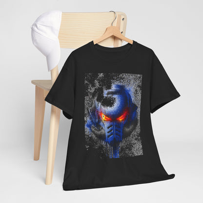 Black unisex graphic t-shirt featuring a striking blue and red helmet design, displayed on a wooden chair next to a white cap, perfect for casual, stylish wear.