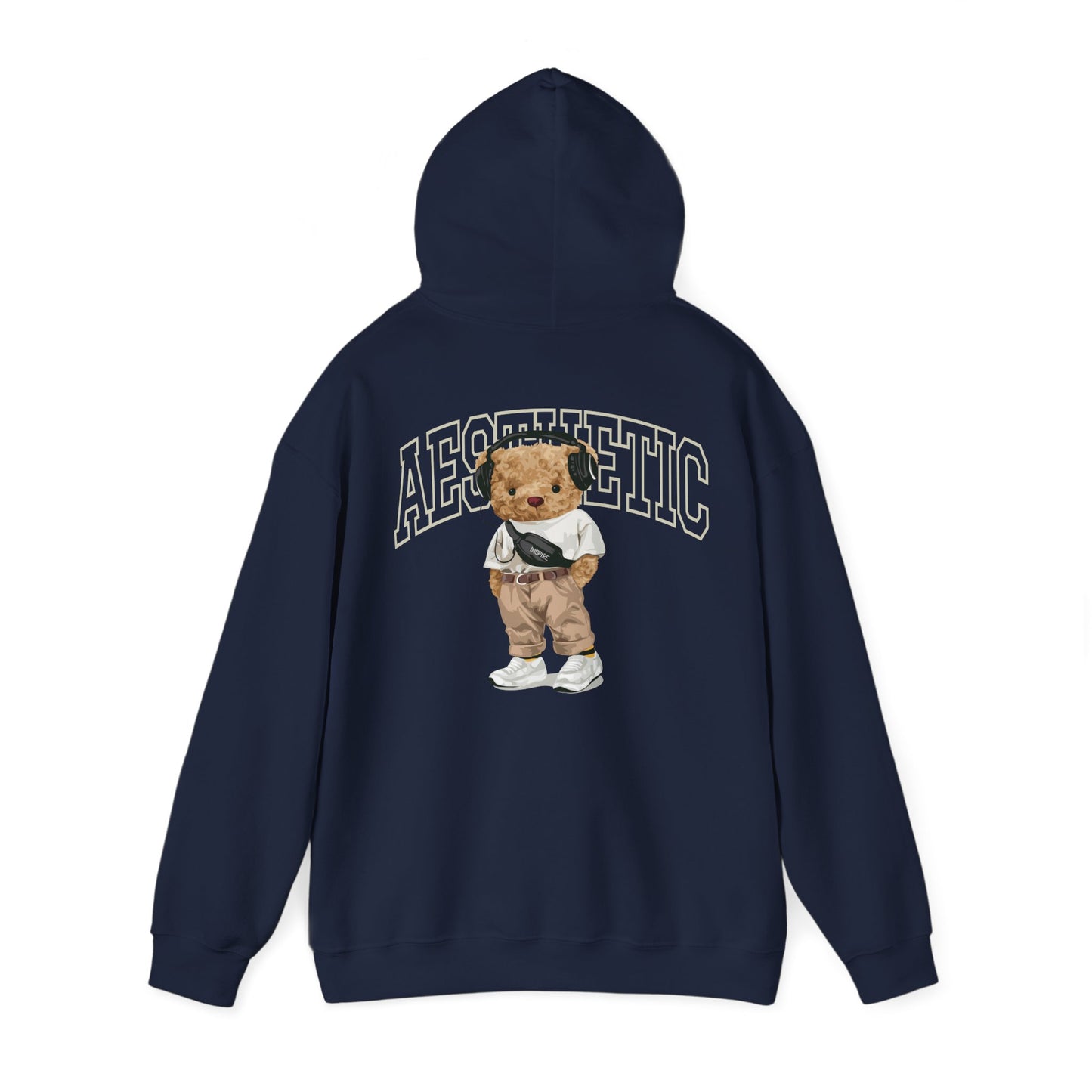Stylish navy hoodie showcasing an eye-catching cartoon teddy bear illustration on the back, paired with bold 'AESTHETIC' lettering, a luxurious blend of fashion and playfulness.