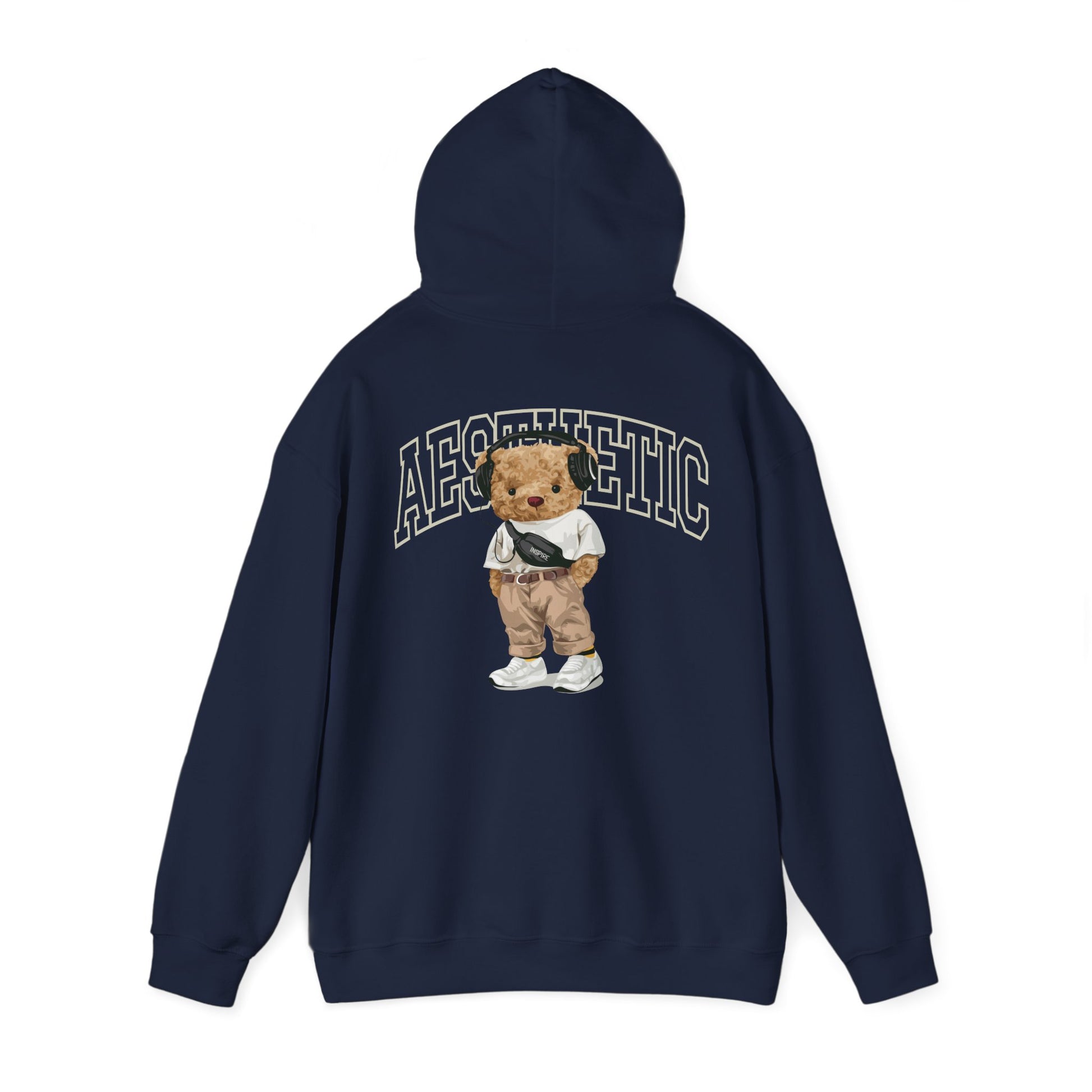 Stylish navy hoodie showcasing an eye-catching cartoon teddy bear illustration on the back, paired with bold 'AESTHETIC' lettering, a luxurious blend of fashion and playfulness.