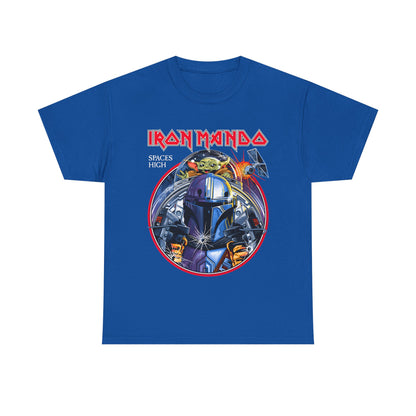Vibrant Iron Mando Graphic Tee in royal blue showcasing an intricate Mandalorian motif with a playful child-like character, an exquisite blend of luxury fashion and fandom.