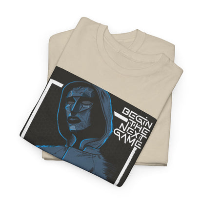Squid Game Unisex Men's Women's Graphic Cotton Funny T-Shirt Tee, beautifully displayed in a folded presentation showcasing its unique design with a mysterious character and the phrase 'Begin the Next Game'.