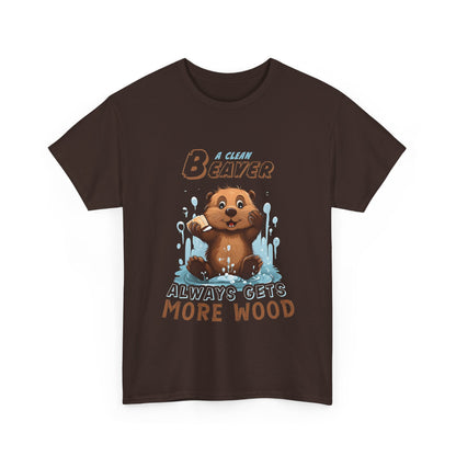 Front view of the A Clean Beaver Unisex Graphic Cotton Tee displaying a charming cartoon beaver with humorous text, an elegant choice for nature lovers.