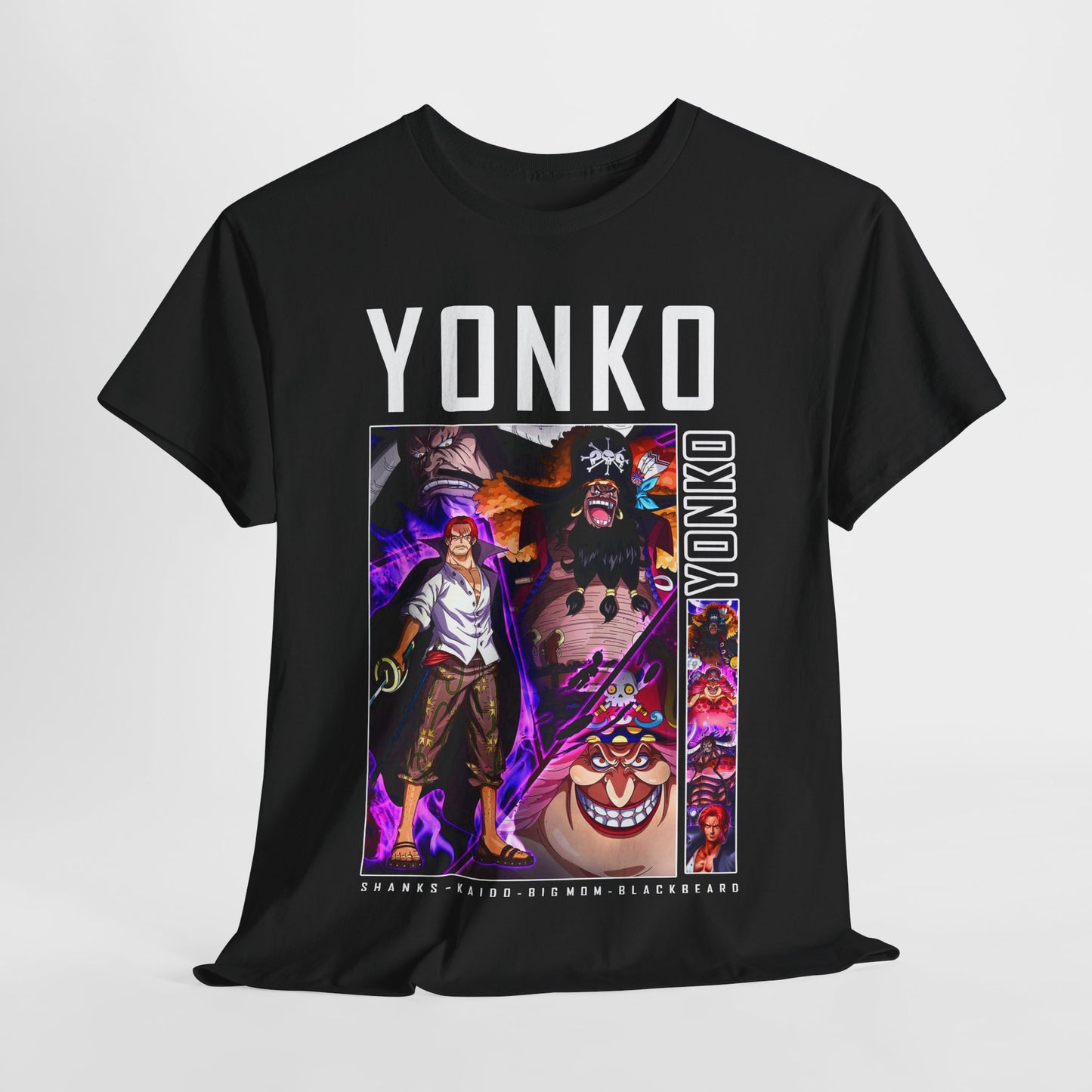 Luxurious One Piece Yonko graphic t-shirt featuring iconic anime characters Shanks, Kaido, Big Mom, and Blackbeard. Designed with vibrant colours and intricate details, perfect for anime enthusiasts.