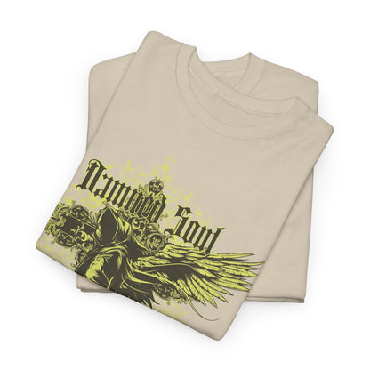 Luxurious beige t-shirt featuring an intricate graphic design of a Grim Reaper figure, embellished with the phrase 'Damned Soul' in a striking gothic font.