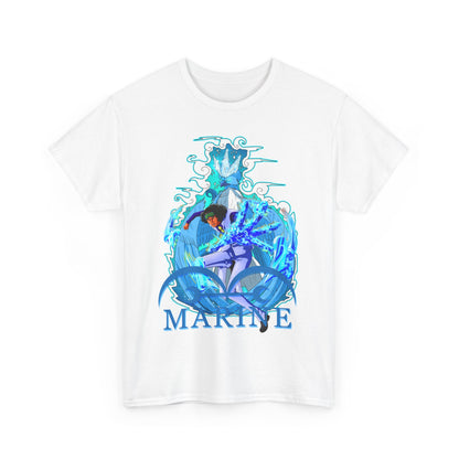 White luxury T-shirt with a vibrant marine anime graphic, featuring an exquisite illustration of a character surrounded by dynamic water elements and the word 'MARINE'.