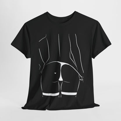 Elegant black cotton graphic T-shirt featuring a minimalist white line drawing of a woman's silhouette, showcasing romantic curves and a playful heart design on a sophisticated backdrop, perfect for enhancing casual attire with chic charm.