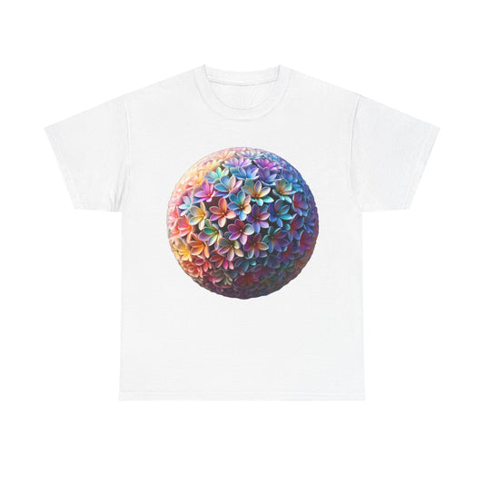Iridescent Floral Sphere Unisex Cotton Tee Graphic T Shirt showcasing a vibrant floral sphere design in iridescent hues on a white background, ideal for those who appreciate elegant fashion.