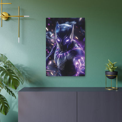 Stunning Black Panther Metal Art Poster featured in a chic modern living space, creating a bold statement with its textured finish and captivating presence.