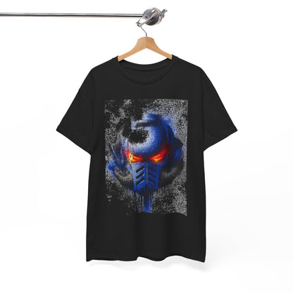 Sleek black graphic t-shirt elegantly hanging, featuring a fierce helmet design with glowing red eyes, perfect for elevating everyday fashion.