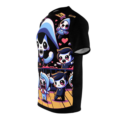 Elegant Whimsy Wraith Tee by Dazzling Dreams Studio featuring a playful horror cartoon design on a sophisticated jet-black background.