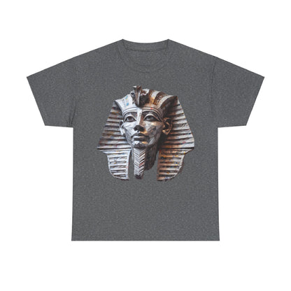 Pharaoh’s Gaze Unisex Graphic Tee - Luxurious Cotton T-Shirt presenting a chic artistic interpretation of an Egyptian pharaoh's head, set against a dark grey fabric for a sophisticated look.