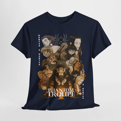 Elegant front display of the Phantom Troupe graphic t-shirt, capturing dynamic artwork of Hunter x Hunter characters, ideal for stylish anime fans.