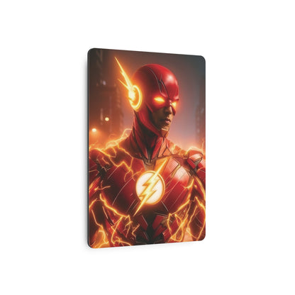 The Flash Metal Art Poster showcasing an elegant representation of the iconic superhero in vibrant red, featuring dynamic lightning effects, perfect for modern decor.