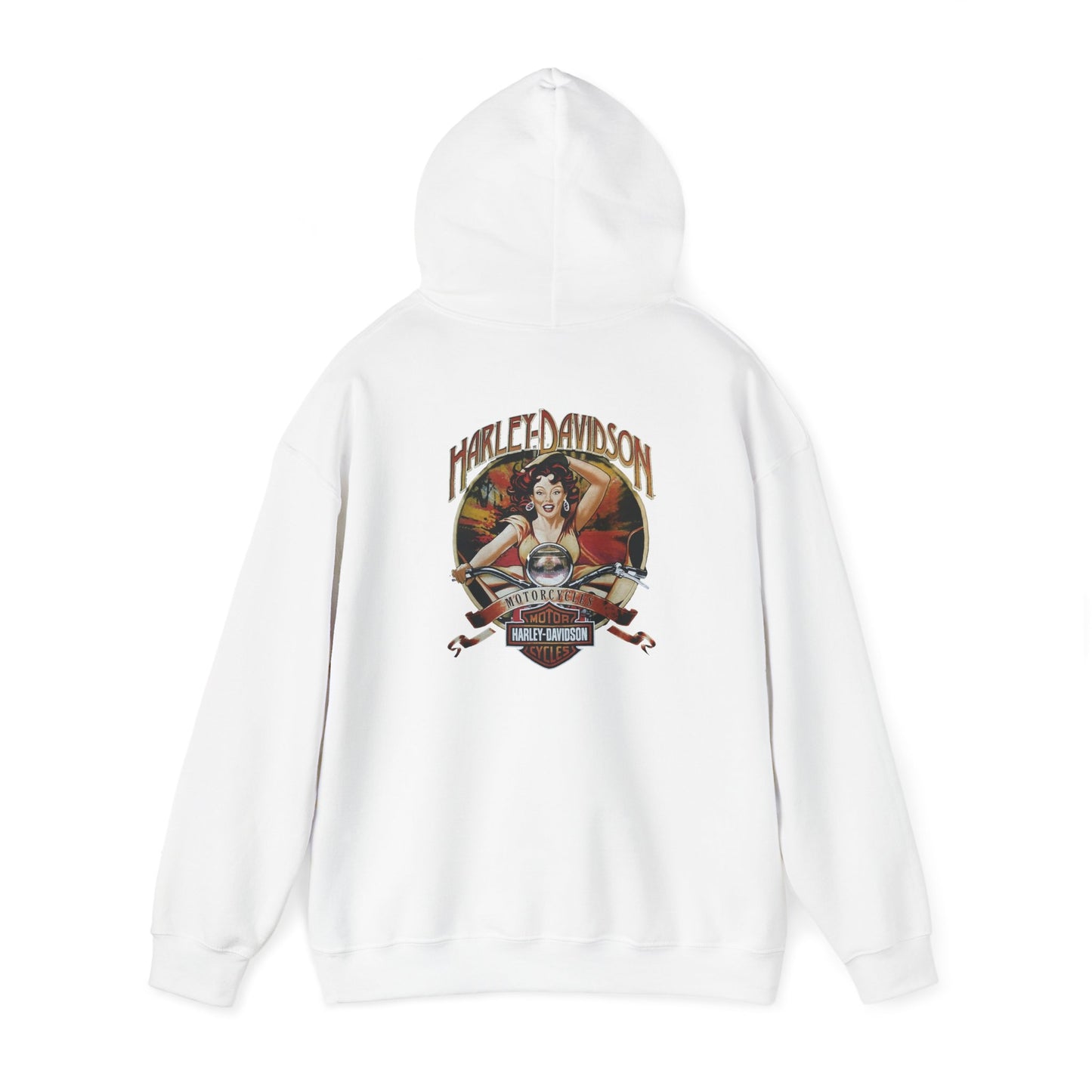 Chic white hoodie showcasing a vibrant Harley-Davidson back print, blending vintage design with modern appeal.