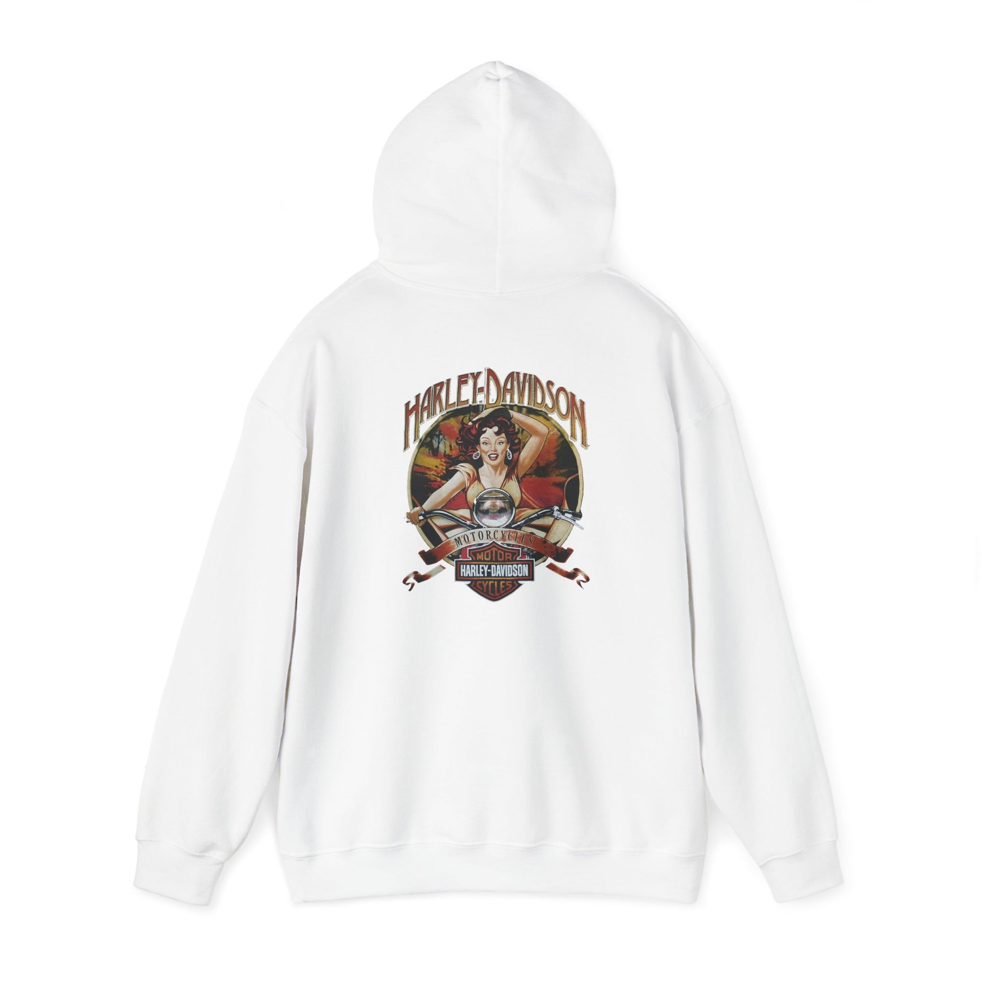 Chic white hoodie showcasing a vibrant Harley-Davidson back print, blending vintage design with modern appeal.