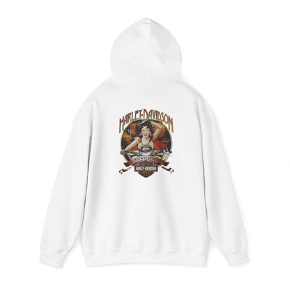 Chic white hoodie showcasing a vibrant Harley-Davidson back print, blending vintage design with modern appeal.