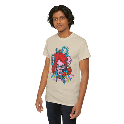 Stylish man wearing a cream-coloured t-shirt showcasing bold skull artwork entwined with roses and intricate patterns suitable for a chic wardrobe.