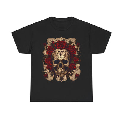Skulls and Roses Cotton Tee, Unisex Graphic Shirt in black, characterised by a bold skull design surrounded by roses, perfect for making a sophisticated fashion statement.