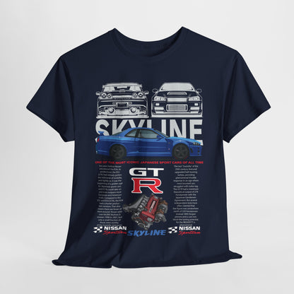 Men's T-shirt featuring a vibrant graphic of the Nissan Skyline GT-R with technical details, celebrating automotive heritage, on a classic navy blue background.
