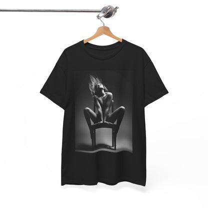 Elegant unisex black T-shirt showcased on a wooden hanger, featuring a striking grayscale image of a woman exuding strength and allure.