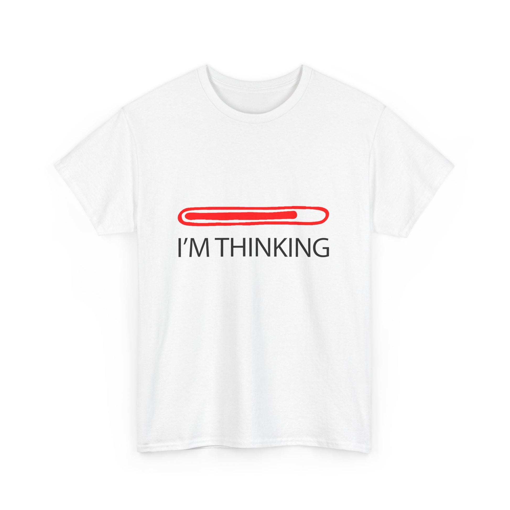 Immaculate white I'm Thinking t-shirt featuring a sleek red progress bar, embodying simplicity and sophistication in everyday fashion.