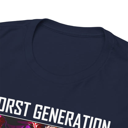 Close-up view of the collar of a high-quality navy blue T-shirt featuring the text 'WORST GENERATION' printed prominently, showcasing premium fabric details.