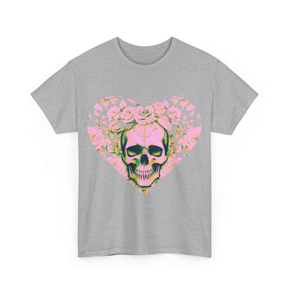 Skulls and Roses Cotton Tee featuring a striking skull design surrounded by roses in a heart shape, perfect for edgy fashion lovers.