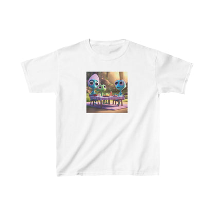 Kids Cute Aliens Heavy Cotton Tee in classic white, adorned with whimsical alien characters, designed for comfort and style for fashionable young explorers.